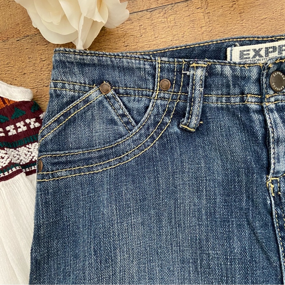 Skirt Denim Jean EXPRESS Stretch Mini Skirt with Large Slits on Each Side - Picture 4 of 12